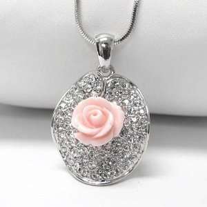  Pink Rose on Crystal Lillypad Pendant White Gold Plated 