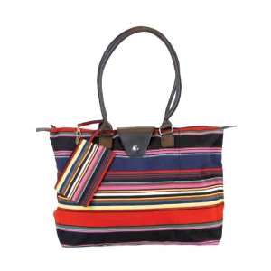 Fold Up Tote Bag with Long Handle   Red/Blue Stripe 