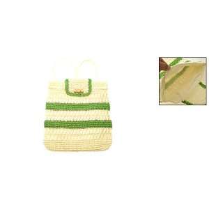   Women Green Stripe Beige Straw Backpack Bag Knapsack