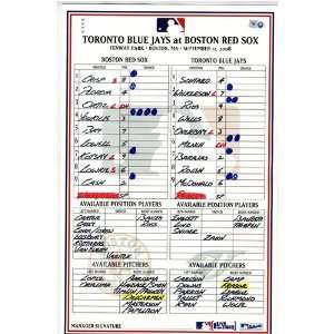  Blue Jays at Red Sox 9 12 2008 Game Used Lineup Card (MLB 