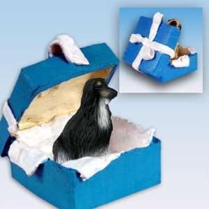  Afghan Blue Gift Box Dog Ornament   Black & White