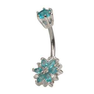   Intricate AQUA Gem Flower Belly Button Ring with Prong Set Top Ball
