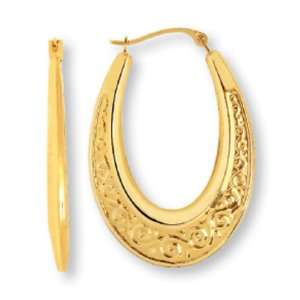  14k Yellow Gold 22mm X 35mm Engraved Oval Hoop Earrings 