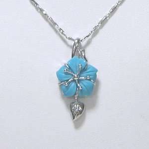  Blue Turquoise Carved Flower Pendant w. Silver Chain 