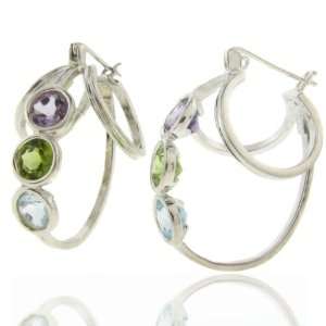   Three Stone Genuine Multi Color Gemstones Loop Earrings Jewelry