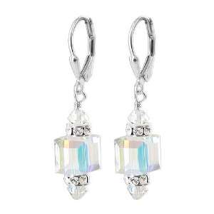 Sterling Silver 8mm Cube Clear AB Crystal Earrings Made with Swarovski 