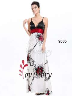 Noble V neck White Red Bowtie Water Colour Print Formal Dress 09085 