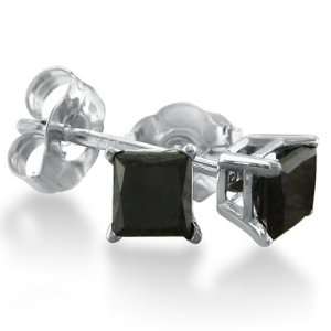  14K White Gold Princess Cut Black Diamond Earrings .90 ct 