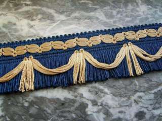 Vintage blue and gold silky fringe trim [F30]  
