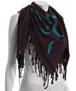 Leigh & Luca grape cotton silk Feathers fringe scarf   up to 