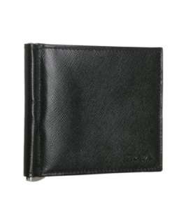 Prada black saffiano money clip bi fold wallet  
