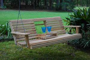 Wood Wooden Bench Porch Swing 5ft Cypress Flip Down Console Cup Holder 