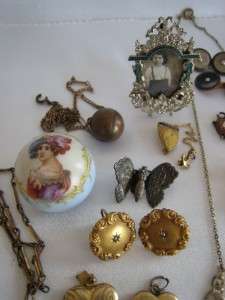 Victorian 1880 Lot of Jewelry Lockets, Enamel, Earrings, Watch Chains 