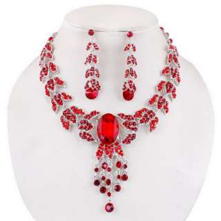   Rhinestone Leaf Crystal Necklace Earrings 1Set Wedding Bridal Charm