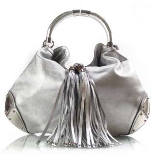 GUCCI Leather Large INDY Hobo Purse Bag Silver Tassel  