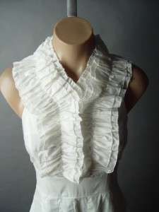 White Ruffle Mock High Neck Retro Ladylike Tie Waist Pleated Skirt Vtg 
