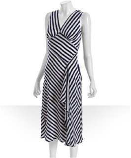 Suzi Chin navy asymmetric striped silk v neck dress   up to 70 