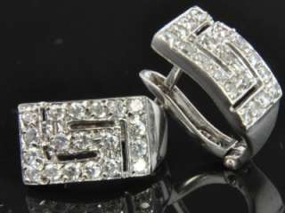   White Gold Diamond Pave Greek Key French Clip Huggie Earrings  