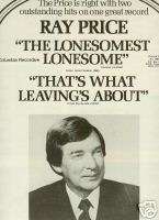 RAY PRICE 1972 Promo Poster Ad LONESOMEST LONESOME mint  