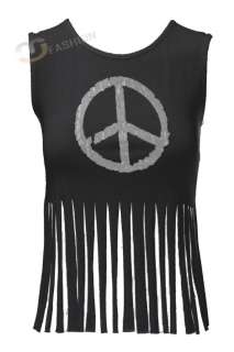 New Womens Peace Symbol Tassle Fringed Sleeveless Top T Shirt Size 8 