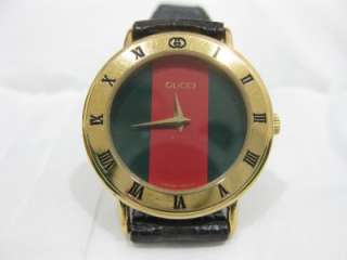 Gucci 3000L Gold Plate Case, Red Green Dial, Leather Strap Ladies 