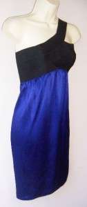 BCBG MAX STUDIO MSSP Royal Blue Black One Shoulder Silk Cocktail Dress 
