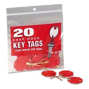   hook brass key holder.   Bright red, 1 1/4 inch octagonal tag. Office