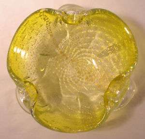 Vintage Murano Art Glass Yellow Bowl Bubbles & Flecks  