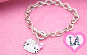 SILVER CRYSTAL HELLO KITTY PINK LINK TOGGLE BRACELET  