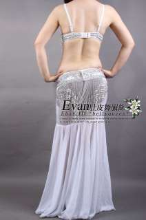 Belly Dance Costume 3pcs Bra Belt with Skirt Silver  
