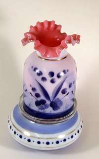 Antique Pink & Blue Art Glass Decorated Fairy Lamp  