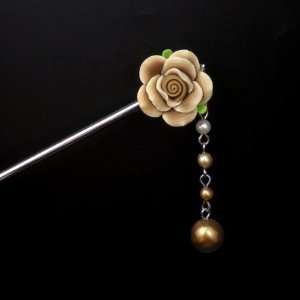  Polymer Rose Hair Stick with Detachable Pearl Tassel Brown 