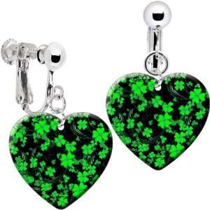    Heart Black Green Four Leaf Clover Clip On Earrings Jewelry