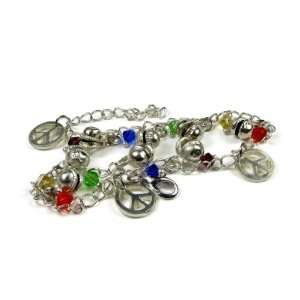   Glass Silver Plated Anklet / Bracelet with Peace Sign Dangles Jewelry