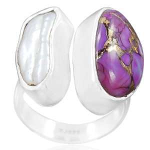  925 Sterling Silver Freshwater Pearl Purple Turquoise Ring 
