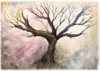 Watercolor Tree Landscape Painting ACEO, COLORFUL SPRING nature artist 