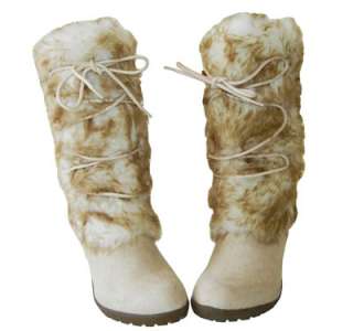   Fashion Faux Fur Shaft Lace Up Suede Mid Calf Wedge Boots Ice White