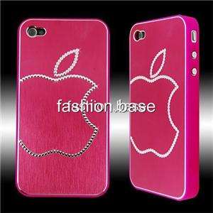   HOT PINK BLING SILVER APPLE HARD CASE COVER FOR IPHONE 4 4G  