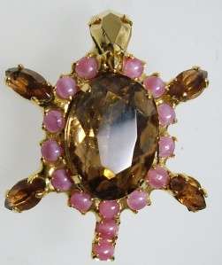 Vintage Brown Topaz & Pink Satin Glass Jelly Belly TURTLE Pin Brooch 