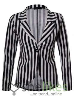   Long Sleeve Ladies Monochrome Vertical Stripe Blazer Jacket Button Top