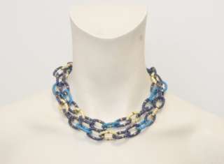   CREW Multi Color Blue/Navy/Cream Gold Trim Enamel Chain link Necklace