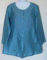 Eileen Fisher sz L large blue green silk tunic blouse shirt top  
