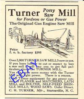 1925 TURNER PONY SAW MILL AD STATESVILLE NC FORDSON  