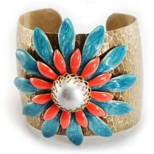  Sweet Romance Adjustable Double Daisy Coral/Turquoise Cuff 