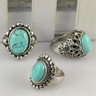   50pcs Vintage Silver Plated Turquoise Stone Costume Rings R194  