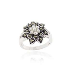  Sterling Silver Pearl and Marcasite Flower Ring Jewelry