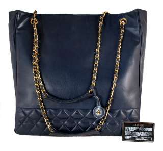 AUTHENTIC CHANEL Dark Navy Blue Quilted Lambskin JUMBO XL Shopper Tote 