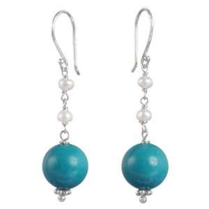   Freshwater Cultured Pearl and 10mm Stabilized Turquoise Drop Earrings