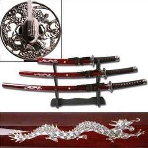  Burgundy Dragon Samurai Sword Set