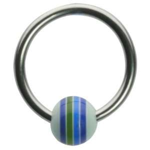  14G 1/2 UV Blue Striped Bead Steel Captive Ring Jewelry
